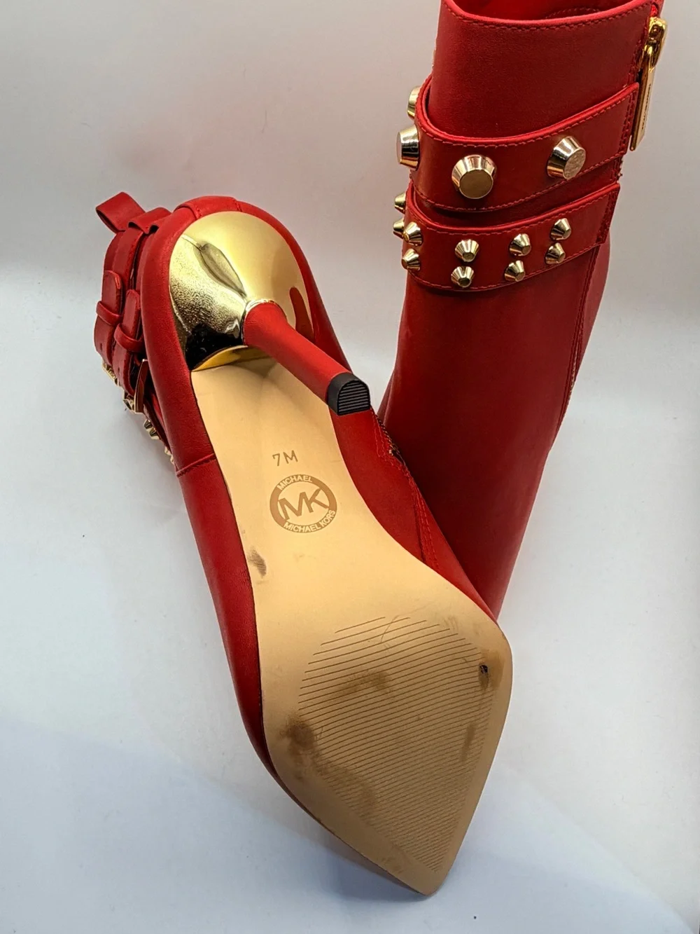 Michael Kors Amal Studded Leather Ankle Boots Crimson Red Gold Studs Stiletto 7M